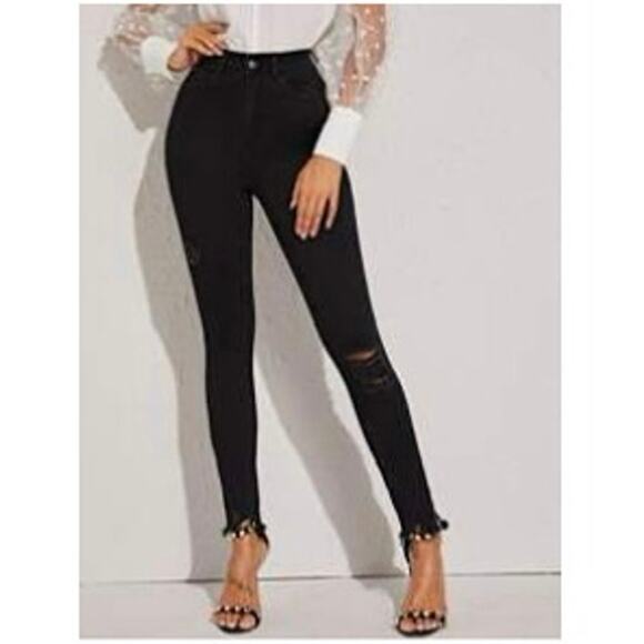 SHEIN Black Distressed Frayed Hem Skinny Jeans Women’s Size 4 Stretch High Rise - Picture 1 of 6